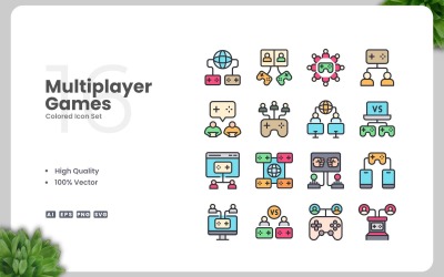 16 Multiplayer Games Colored Icons Set