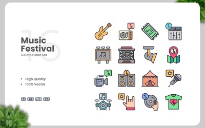16 Müzik Festivali Renkli Simge Seti