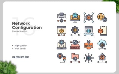 16 Network Configuration Colored Icons Set