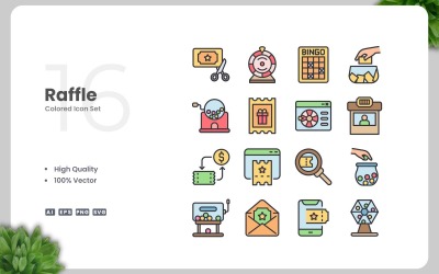 Conjunto de 16 iconos de colores de la rifa