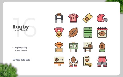 Ensemble de 16 icônes colorées de rugby