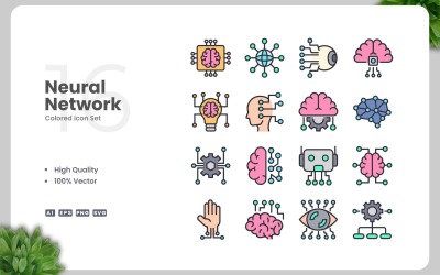 16 Neural Network Colored Icons Set