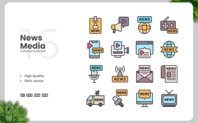16 News Media Colored Icons Set
