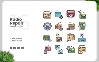16 Radio Repair Colored Icons Set