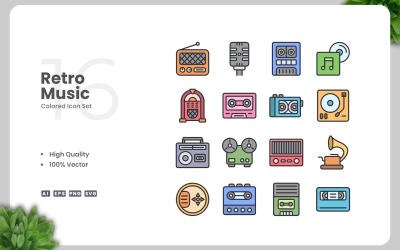16 Retro Music Colored Icons Set