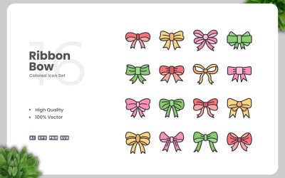 16 Ribbon Bow färgade ikoner Set