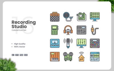16 Set met gekleurde pictogrammen voor opnamestudio&amp;#39;s