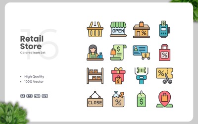Набір 16 роздрібних магазинів кольорові іконки