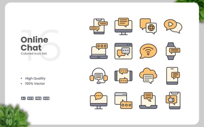 Ensemble de 16 icônes colorées de chat en ligne