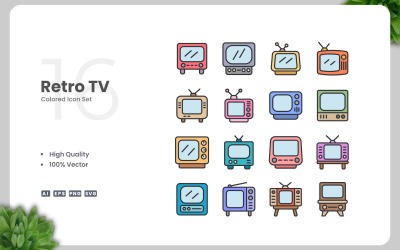 16 Retro TV barevné ikony Set