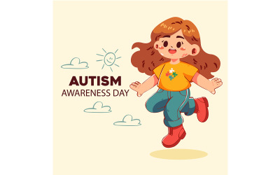 Autism Awareness Day med glad tecknad flicka i färgglad outfit
