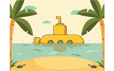 Colorful Cartoon Submarine in Tropical Scene