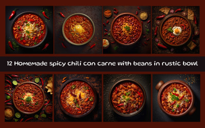 Domowy pikantny chili con carne z fasolą w rustykalnej misce