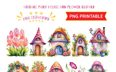 Fairy house and flower clipart illustration on white PNG