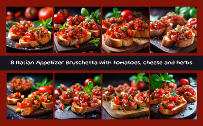 Italienische Vorspeise Bruschetta mit Tomaten, Käse und Kräutern