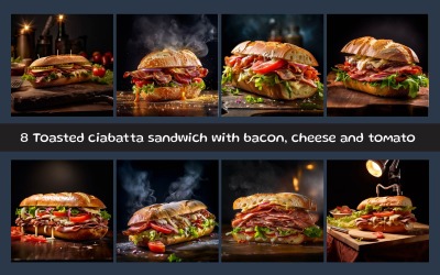 Panino ciabatta tostato con bacon, formaggio e pomodori