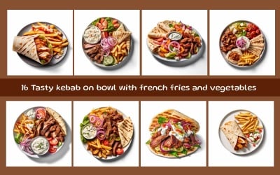 Tasty kebab on bowl with french fries and vegetables