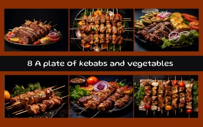 Siyah arka planda kebap ve sebzelerden oluşan bir tabak