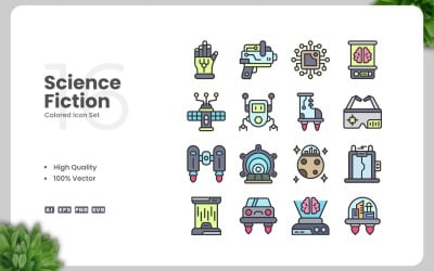 16 Science Fiction Colored Icons Set
