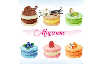 Watercolor hand drawn flavoured macaron collection