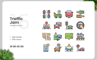 Conjunto de 16 ícones coloridos de engarrafamento