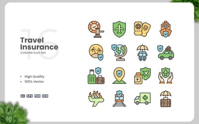 Ensemble de 16 icônes colorées d&amp;#39;assurance voyage