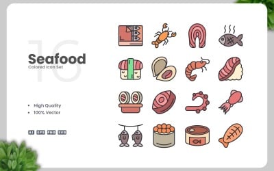 16 Seafood Colored Icons Set