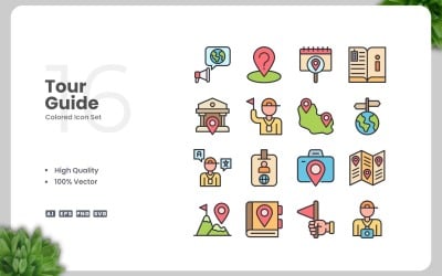 16 Tour Guide Colored Icons Set