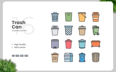 16 Trash Can Colored Icons Set