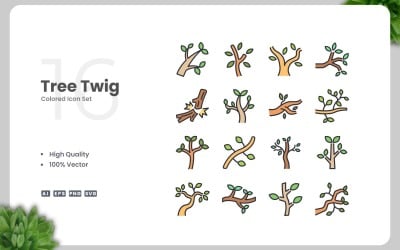 16 Tree Twig Colored Icons Set
