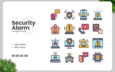 Conjunto de 16 iconos de colores de alarma de seguridad