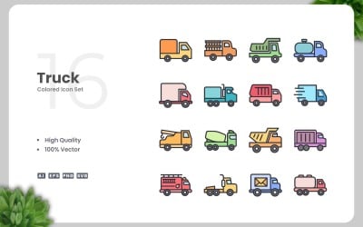 Conjunto de 16 iconos de colores de camiones