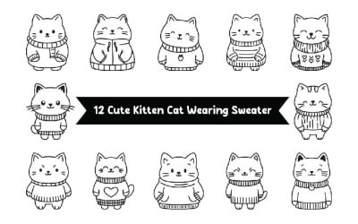 12 Cute Kitten Cat Character Wearing Sweater