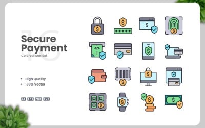 16 säker betalning färgade ikoner Set
