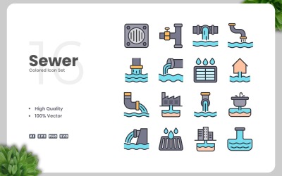 16 Sewer Colored Icons Set