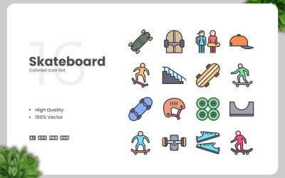 16 Skateboard Colored Icons Set