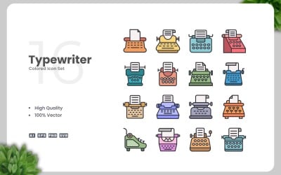 16 Typewriter Colored Icons Set