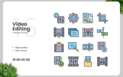 16 Video Editing Colored Icons Set