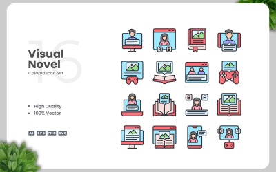 16 Visual Novel Colored Icons Set