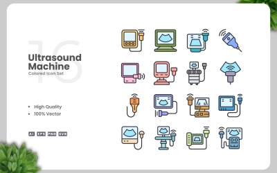 Set van 16 gekleurde pictogrammen voor echografie-apparaten