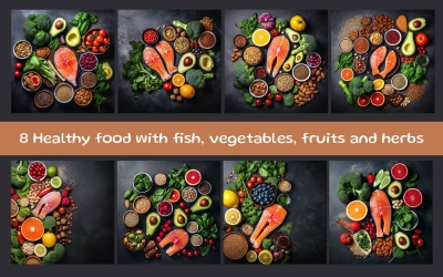 Comida saludable con pescado, verduras, frutas y otros ingredientes.
