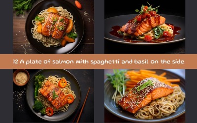 Ein Teller Lachs mit Spaghetti und Basilikum als Beilage