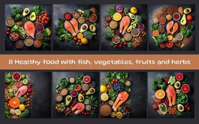 Healthy food with fish, vegetables, fruits and other ingredients