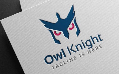 Modello di logo aziendale con mascotte di gufo cavaliere uccello e visione acuta