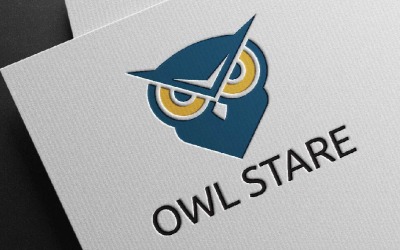 Modello di logo aziendale con mascotte di gufo, uccello e sguardo acuto