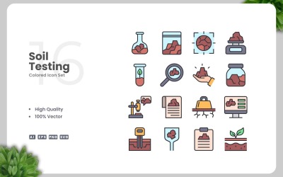 Conjunto de 16 iconos de colores para análisis de suelo