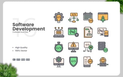 16 farbige Symbole für die Softwareentwicklung