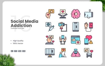 16 farbige Symbole für Social-Media-Sucht gesetzt