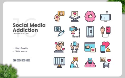 16 gekleurde iconensets voor verslaving aan sociale media