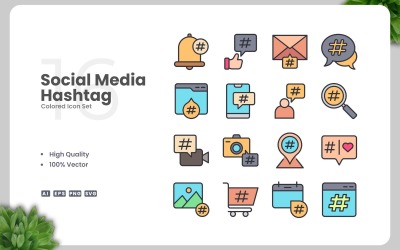 16 gekleurde pictogrammen voor hashtags op sociale media
